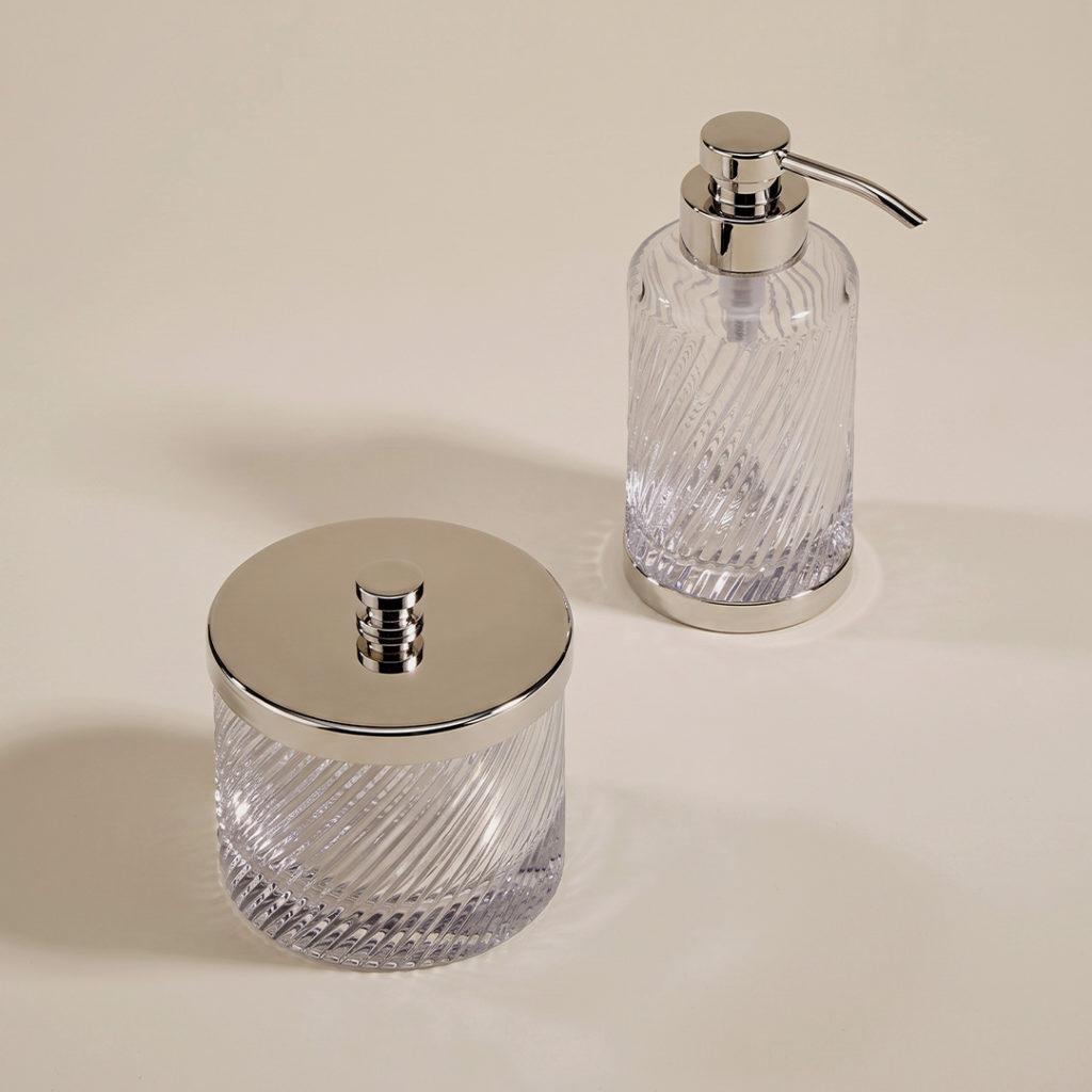 Infini liquid soap dispenser and Q-tip jar, shown in Polished Nickel finish